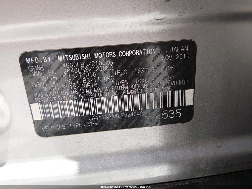 2020 Mitsubishi Eclipse Cross Es 1.5T Awc VIN: JA4AT3AA4LZ024042 Lot: 45619551