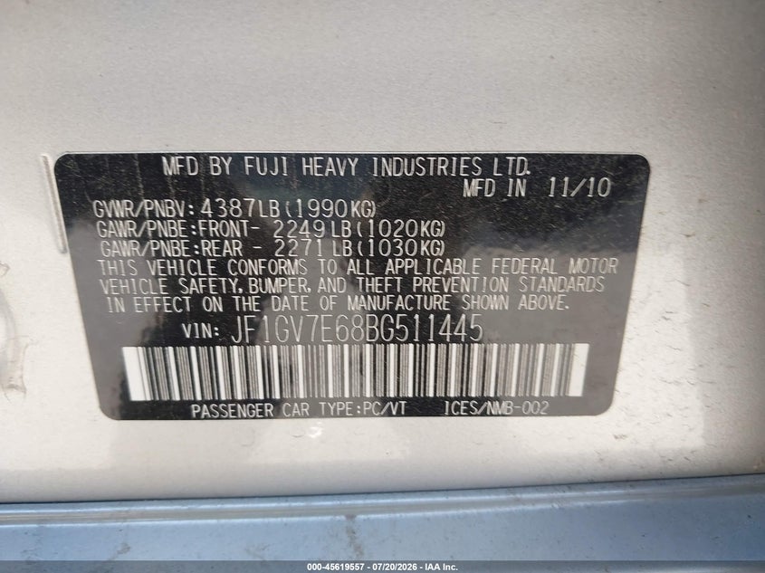 2011 Subaru Impreza Wrx VIN: JF1GV7E68BG511445 Lot: 45619557