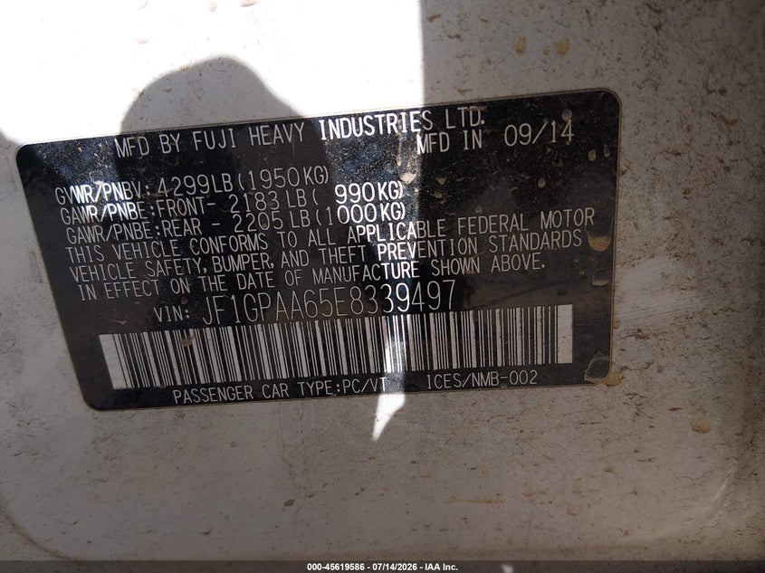 2014 Subaru Impreza 2.0I VIN: JF1GPAA65E8339497 Lot: 45619586