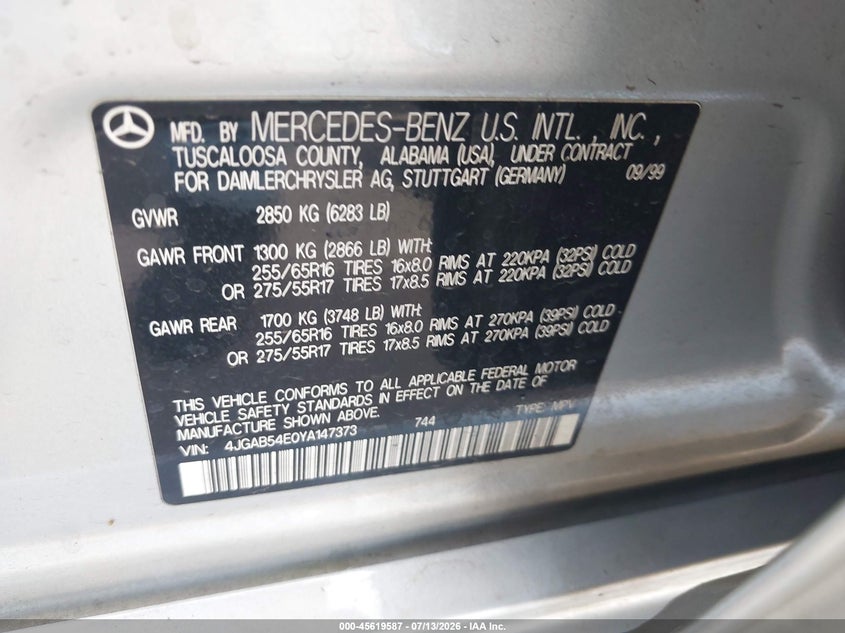 2000 Mercedes-Benz Ml 320 VIN: 4JGAB54E0YA147373 Lot: 45619587