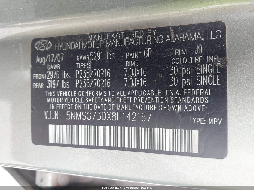 2008 Hyundai Santa Fe Gls VIN: 5NMSG73DX8H142167 Lot: 45619597