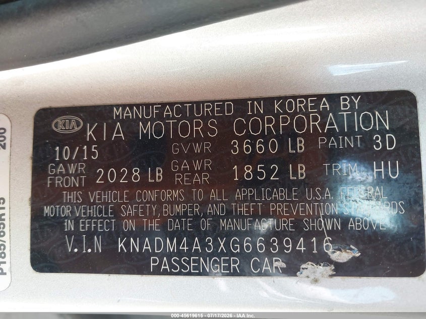 2016 Kia Rio Lx VIN: KNADM4A3XG6639416 Lot: 45619615