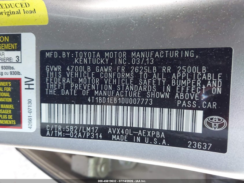 2013 Toyota Avalon Hybrid Limited VIN: 4T1BD1EB1DU007773 Lot: 45619632