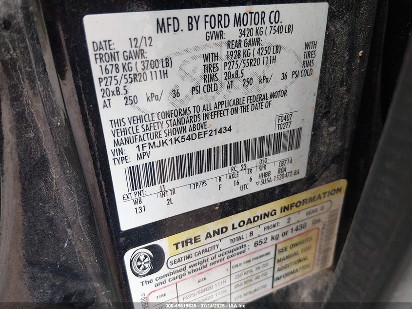 FORD EXPEDITION EL 2013 VIN 1FMJK1K54DEF21434