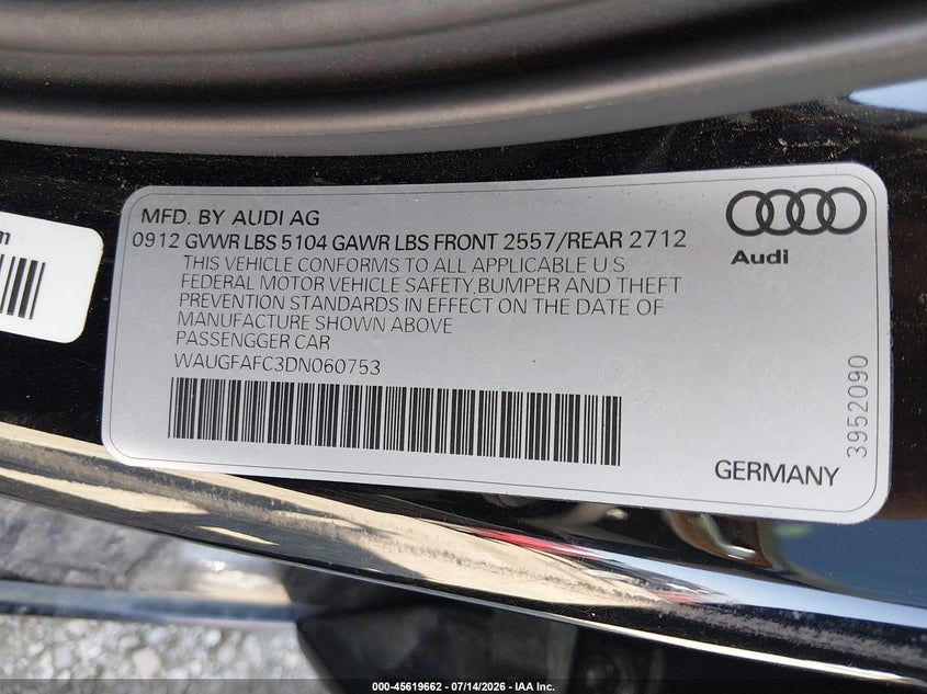 2013 Audi A6 2.0T Premium VIN: WAUGFAFC3DN060753 Lot: 45619662
