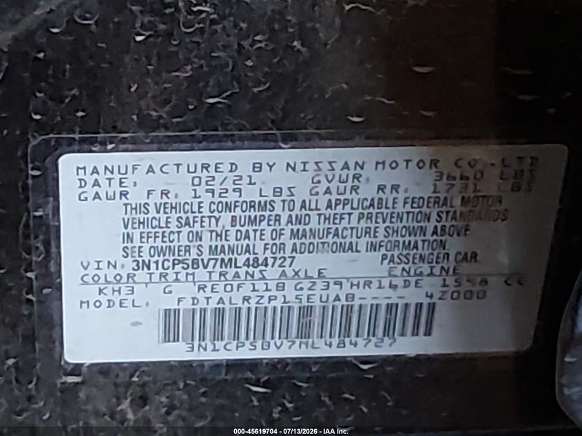 2021 Nissan Kicks S Xtronic Cvt VIN: 3N1CP5BV7ML484727 Lot: 45619704