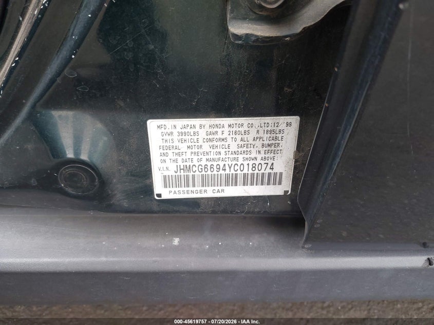 2000 Honda Accord 2.3 Se VIN: JHMCG6694YC018074 Lot: 45619757