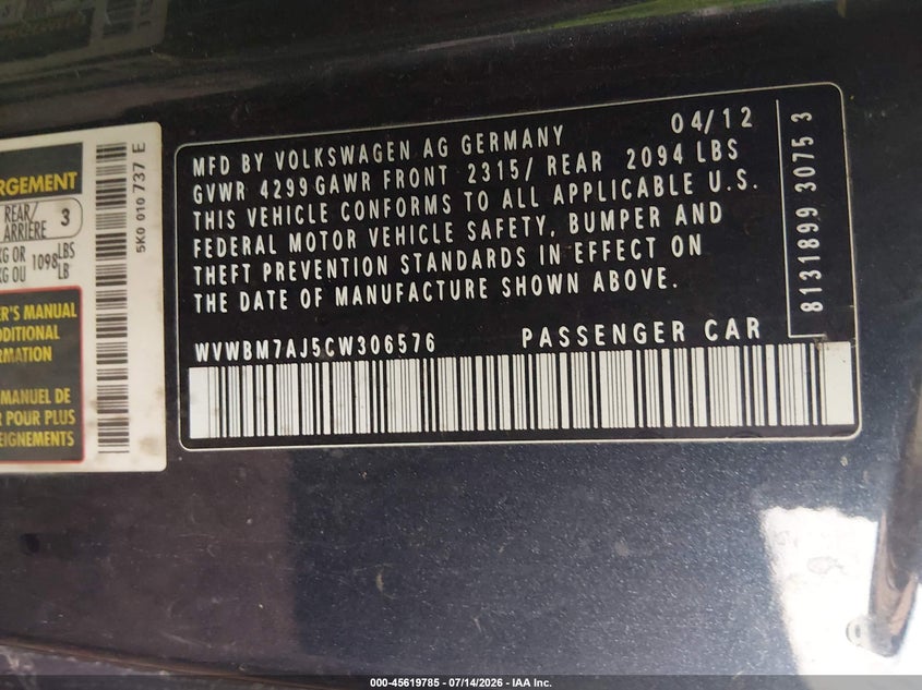 2012 Volkswagen Golf Tdi 2-Door VIN: WVWBM7AJ5CW306576 Lot: 45619785