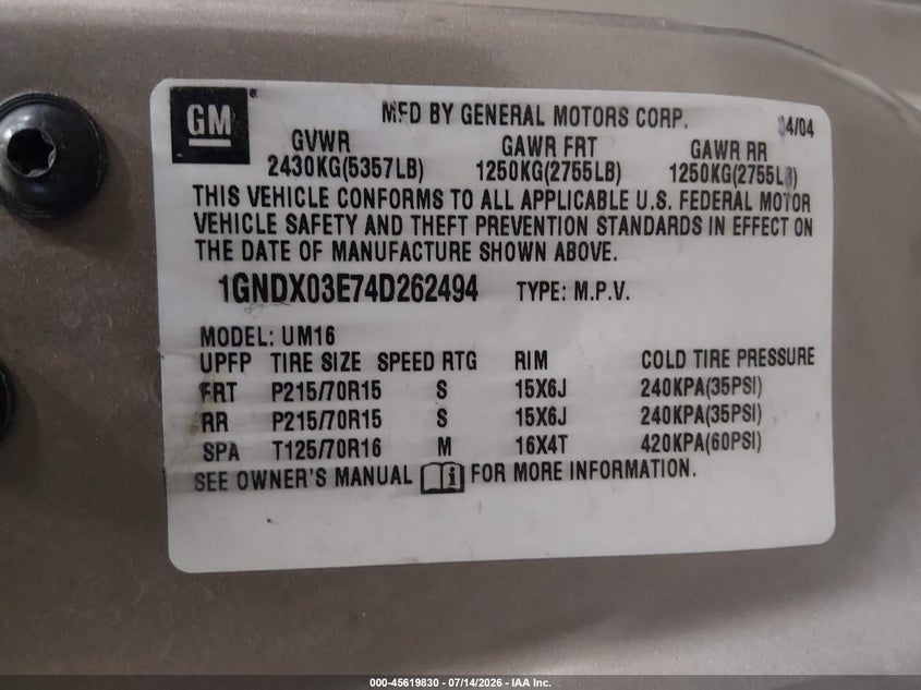 2004 Chevrolet Venture Ls VIN: 1GNDX03E74D262494 Lot: 45619830