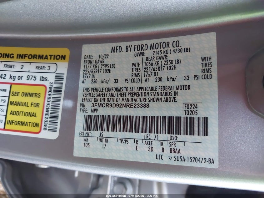 2022 Ford Bronco Sport Badlands VIN: 3FMCR9D92NRE23388 Lot: 45619868