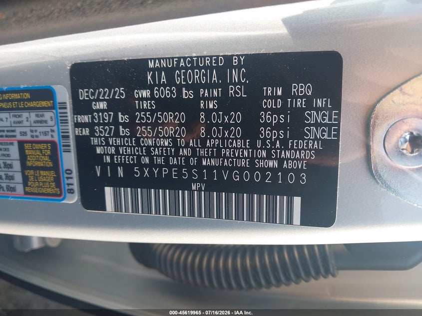 2027 Kia Telluride S VIN: 5XYPE5S11VG002103 Lot: 45619965