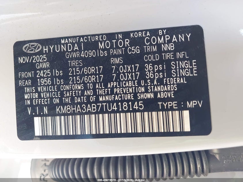 2026 Hyundai Kona Se VIN: KM8HA3AB7TU418145 Lot: 45619978