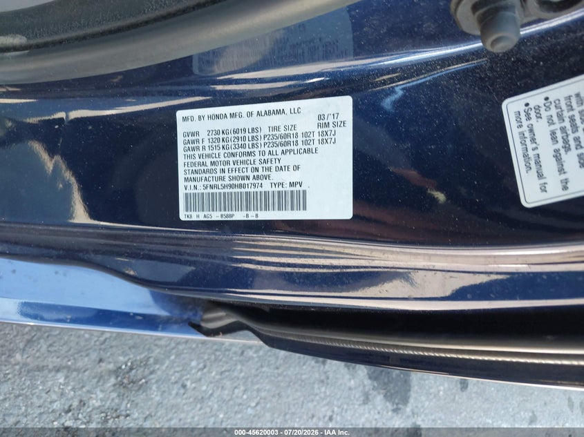 2017 Honda Odyssey Touring/Touring Elite VIN: 5FNRL5H90HB017974 Lot: 45620003