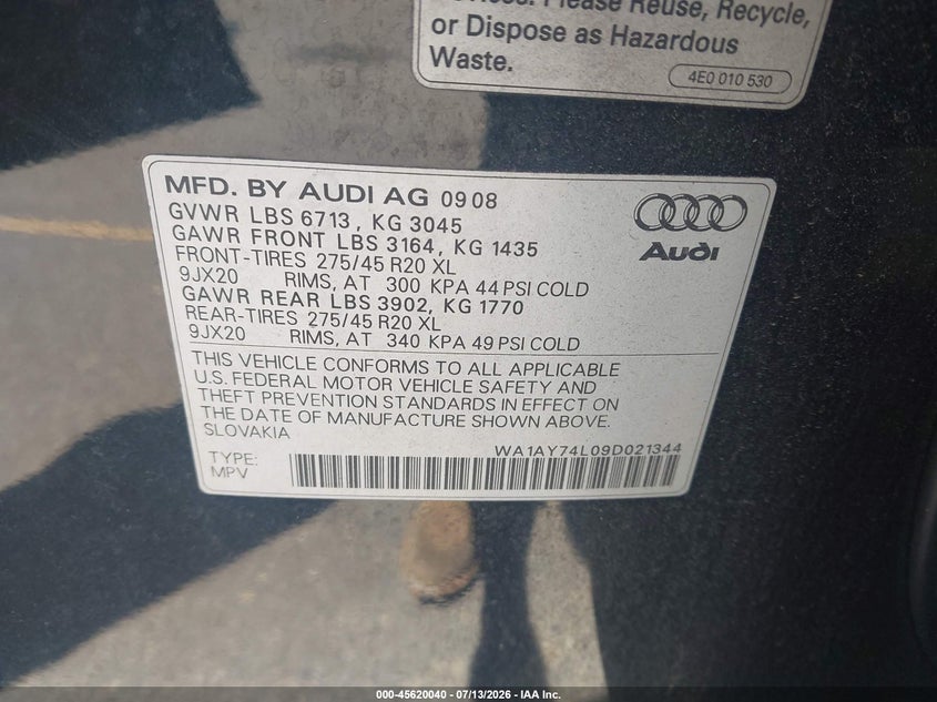 2009 Audi Q7 3.6 Premium VIN: WA1AY74L09D021344 Lot: 45620040
