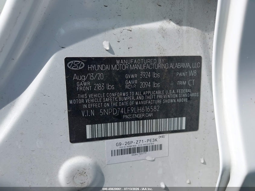 2020 Hyundai Elantra Se VIN: 5NPD74LF9LH616582 Lot: 45620061