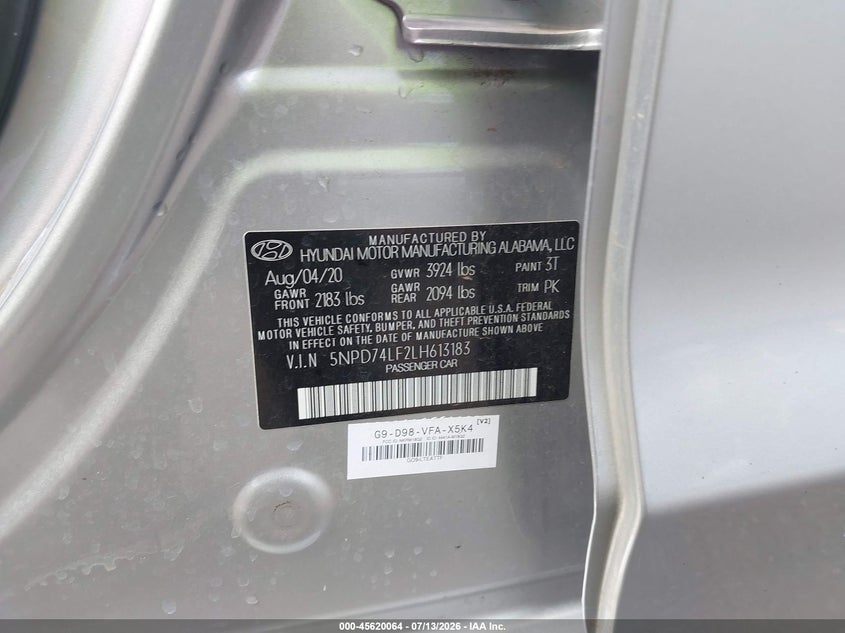 2020 Hyundai Elantra Se VIN: 5NPD74LF2LH613183 Lot: 45620064