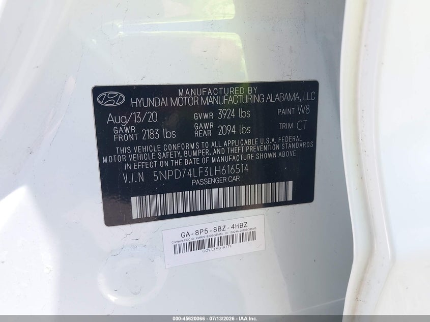 2020 Hyundai Elantra Se VIN: 5NPD74LF3LH616514 Lot: 45620066