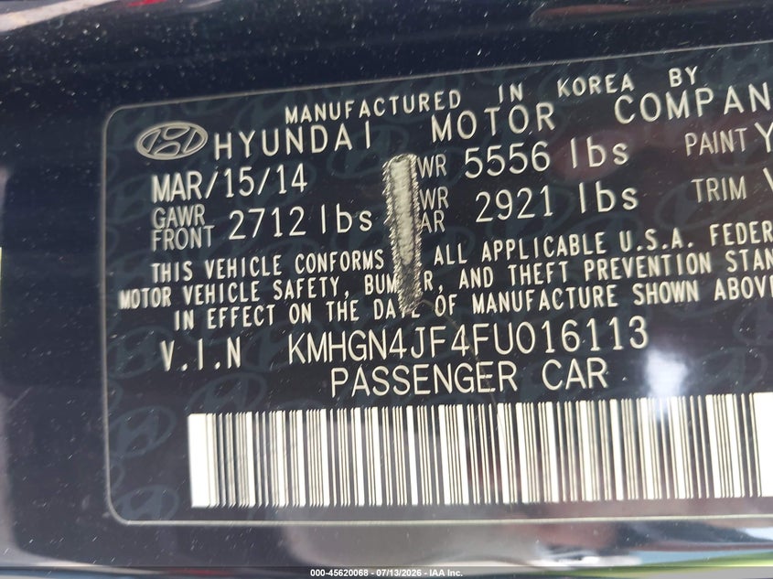 2015 Hyundai Genesis 5.0 VIN: KMHGN4JF4FU016113 Lot: 45620068