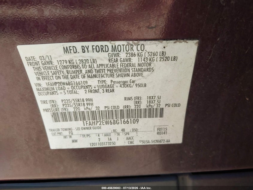 2011 Ford Taurus Sel VIN: 1FAHP2EW6BG166109 Lot: 45620083
