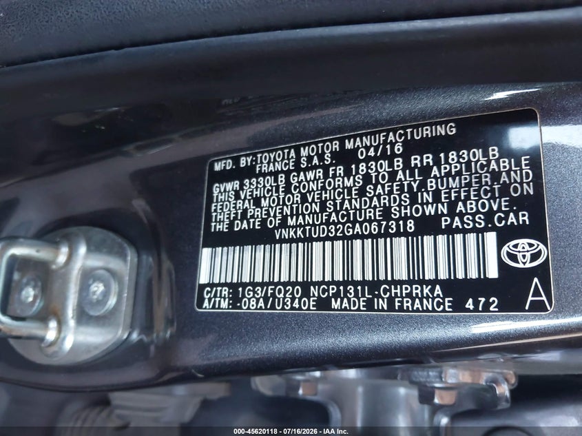 2016 Toyota Yaris L VIN: VNKKTUD32GA067318 Lot: 45620118