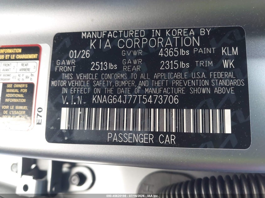 2026 Kia K5 Gt-Line Fwd VIN: KNAG64J77T5473706 Lot: 45620198