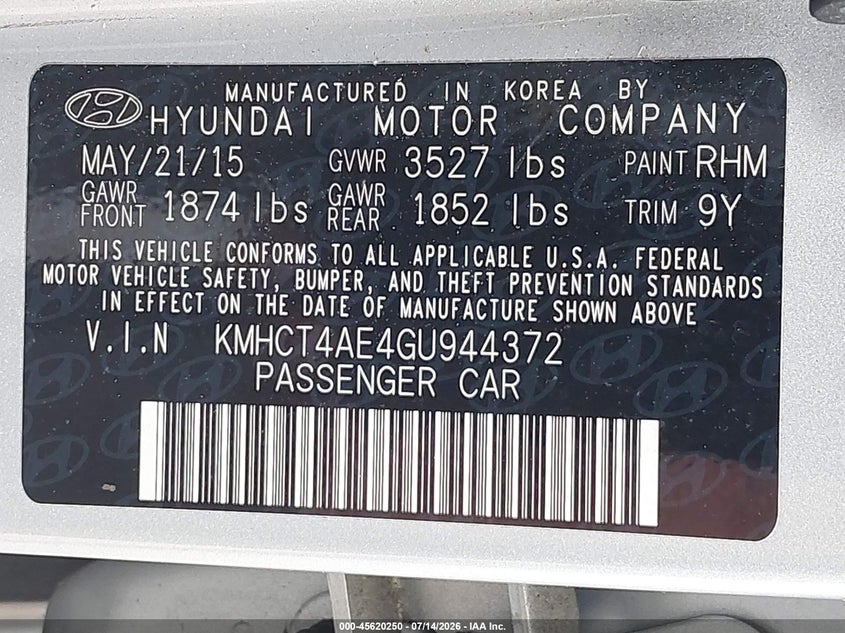 2016 Hyundai Accent Se VIN: KMHCT4AE4GU944372 Lot: 45620250