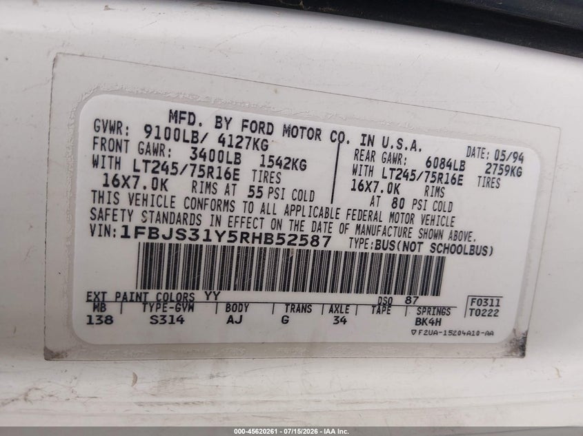 1994 Ford Econoline E350 Super Duty VIN: 1FBJS31Y5RHB52587 Lot: 45620261