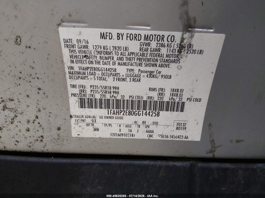 2016 Ford Taurus Sel VIN: 1FAHP2E80GG144258 Lot: 45620285