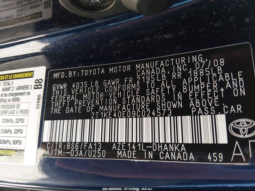 2009 Toyota Matrix S VIN: 2T1KE40E09C024573 Lot: 45620305
