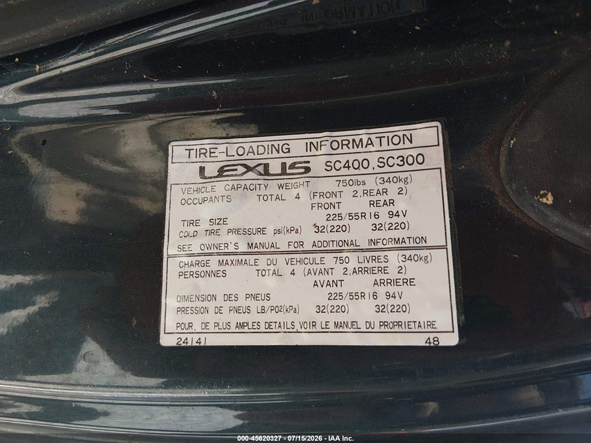 1996 Lexus Sc 400 VIN: JT8CH32Y8T0051288 Lot: 45620327