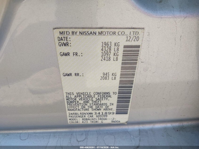 2021 Nissan Altima Sv Fwd VIN: 1N4BL4DVXMN341899 Lot: 45620391