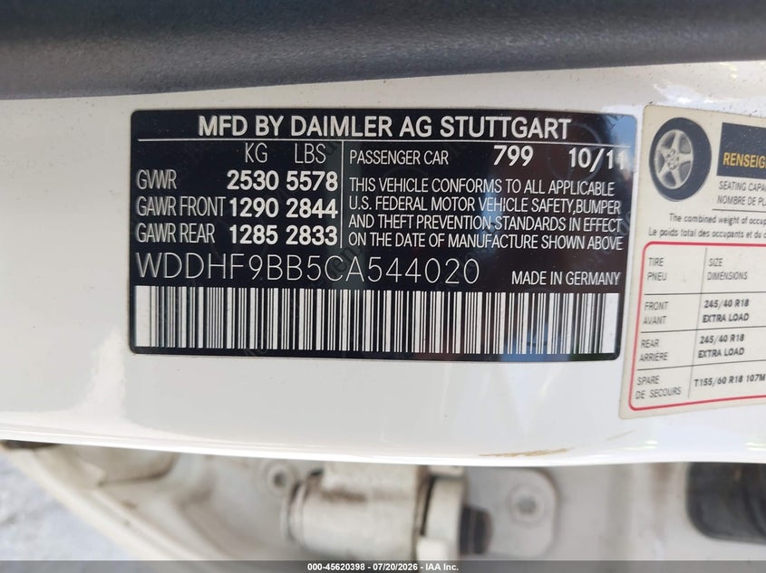 2012 Mercedes-Benz E 550 4Matic VIN: WDDHF9BB5CA544020 Lot: 45620398