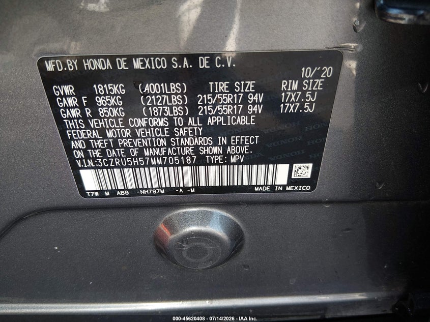 2021 Honda Hr-V 2Wd Ex VIN: 3CZRU5H57MM705187 Lot: 45620408