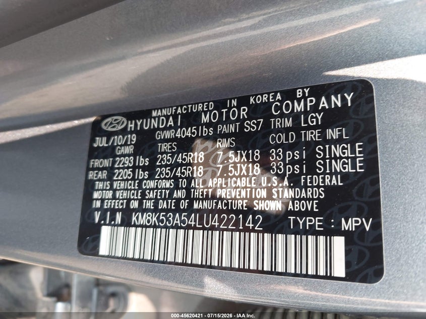 2020 Hyundai Kona Ultimate VIN: KM8K53A54LU422142 Lot: 45620421