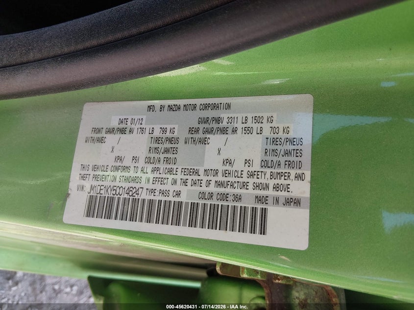 2012 Mazda Mazda2 Sport VIN: JM1DE1KY5C0146247 Lot: 45620431