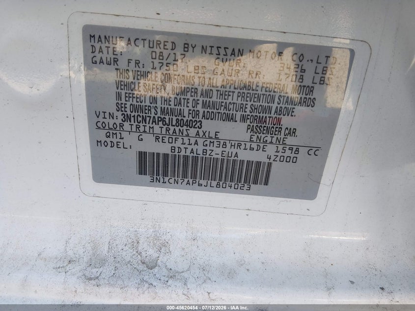 NISSAN VERSA 2018 VIN 3N1CN7AP6JL804023
