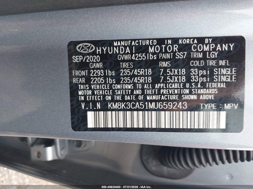 2021 Hyundai Kona Limited VIN: KM8K3CA51MU659243 Lot: 45620480