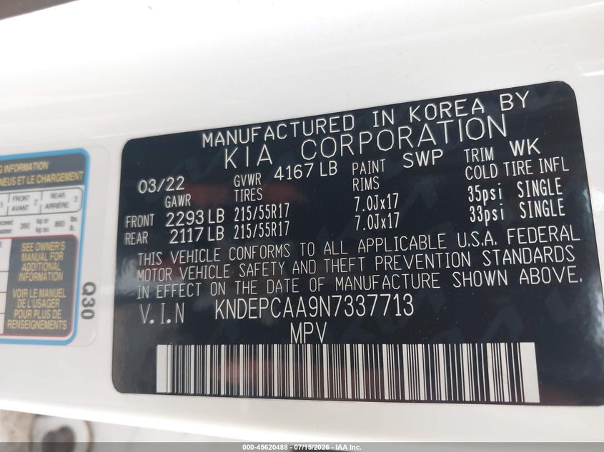 2022 Kia Seltos Lx VIN: KNDEPCAA9N7337713 Lot: 45620488