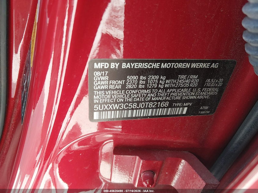 2018 BMW X4 xDrive28I VIN: 5UXXW3C58J0T82168 Lot: 45620498
