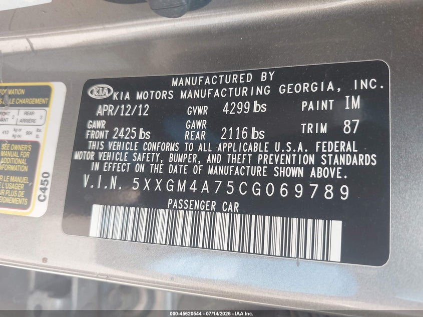 2012 Kia Optima Lx VIN: 5XXGM4A75CG069789 Lot: 45620544