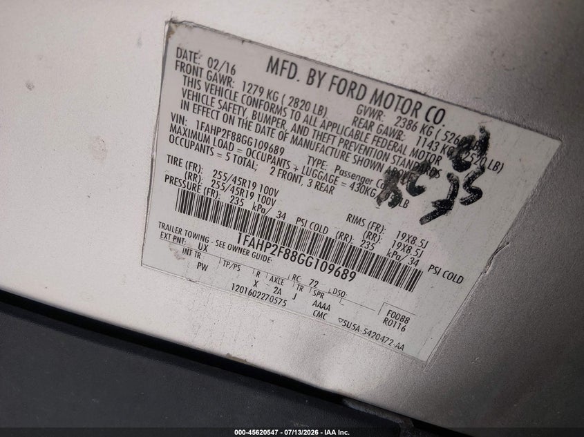 2016 Ford Taurus Limited VIN: 1FAHP2F88GG109689 Lot: 45620547