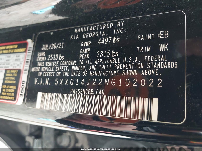 2022 Kia K5 Lxs VIN: 5XXG14J22NG102022 Lot: 45620548