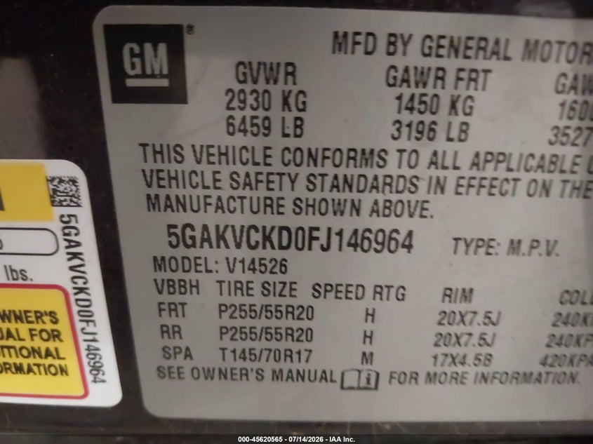 2015 Buick Enclave Premium VIN: 5GAKVCKD0FJ146964 Lot: 45620565