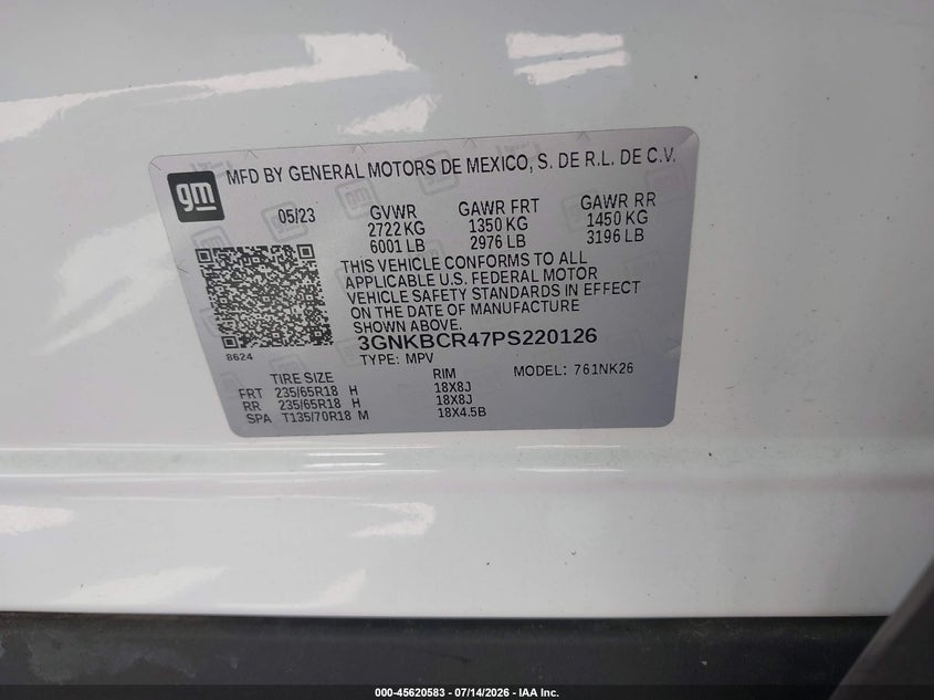 2023 Chevrolet Blazer Fwd 2Lt VIN: 3GNKBCR47PS220126 Lot: 45620583