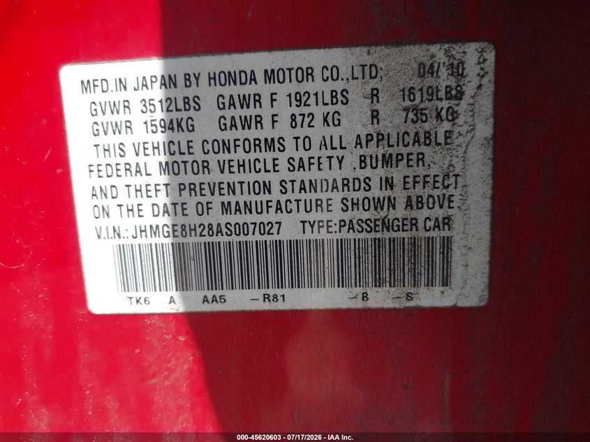 2010 Honda Fit VIN: JHMGE8H28AS007027 Lot: 45620603