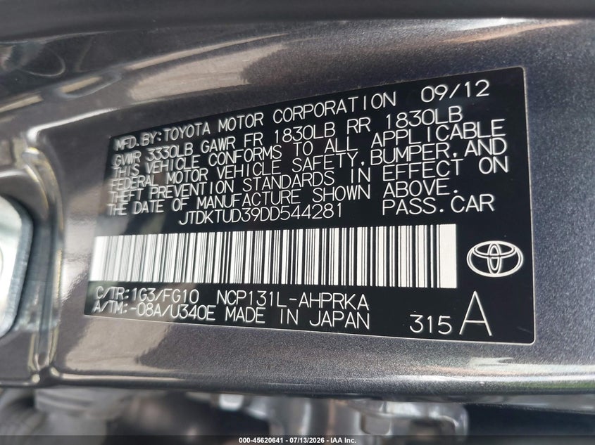 2013 Toyota Yaris Le VIN: JTDKTUD39DD544281 Lot: 45620641