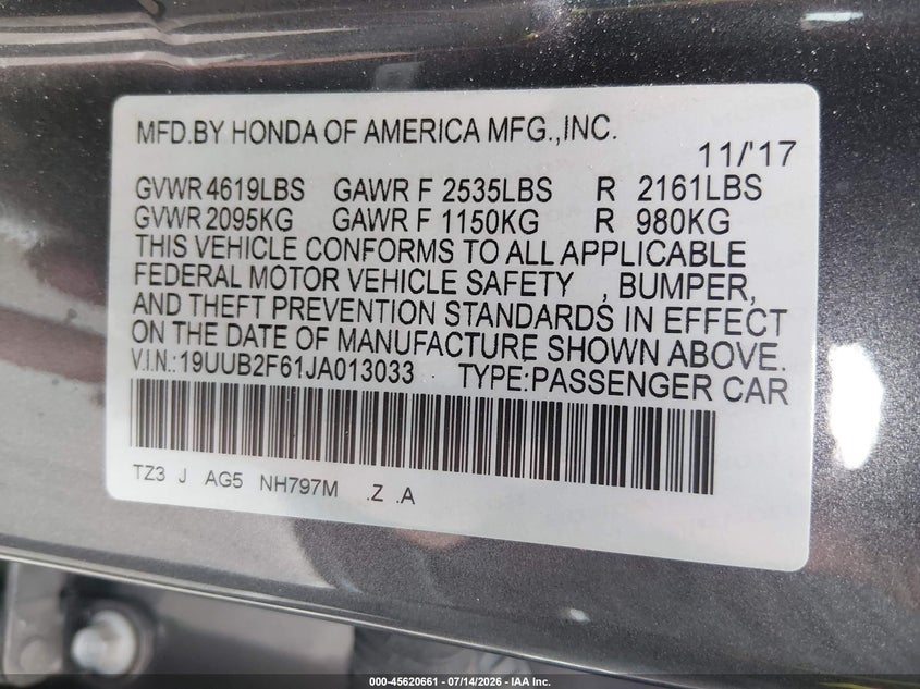 2018 Acura Tlx Tech A-Spec Pkgs VIN: 19UUB2F61JA013033 Lot: 45620661