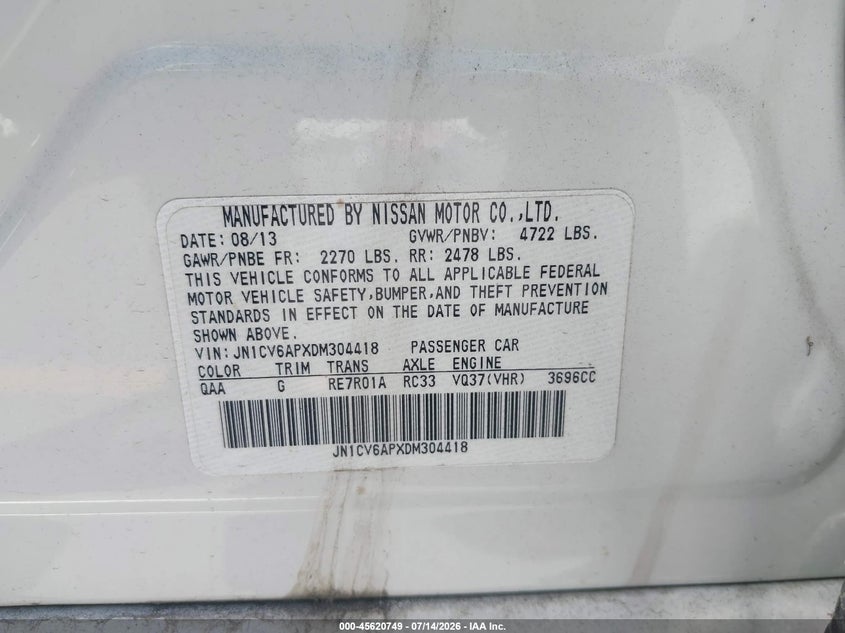 2013 Infiniti G37 Journey VIN: JN1CV6APXDM304418 Lot: 45620749