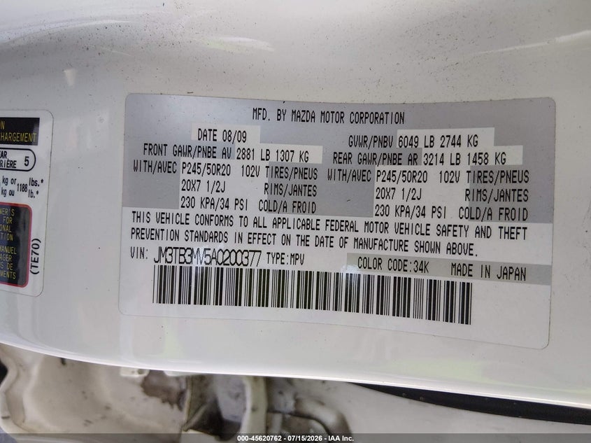 2010 Mazda Cx-9 Grand Touring VIN: JM3TB3MV5A0200377 Lot: 45620762