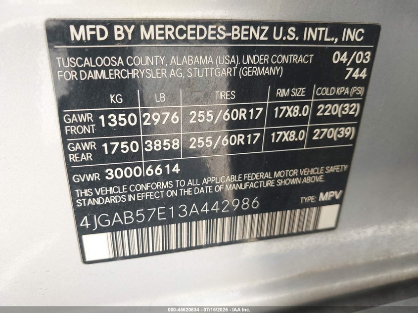 2003 Mercedes-Benz Ml 350 VIN: 4JGAB57E13A442986 Lot: 45620834